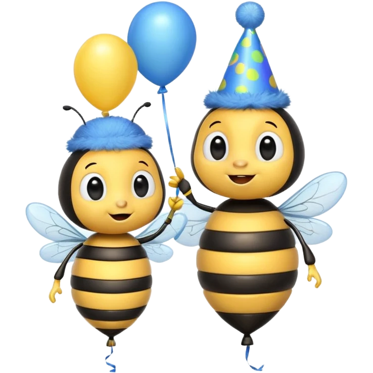Bees with blue Birthday Hat, Excited bee carrying balloon emoji