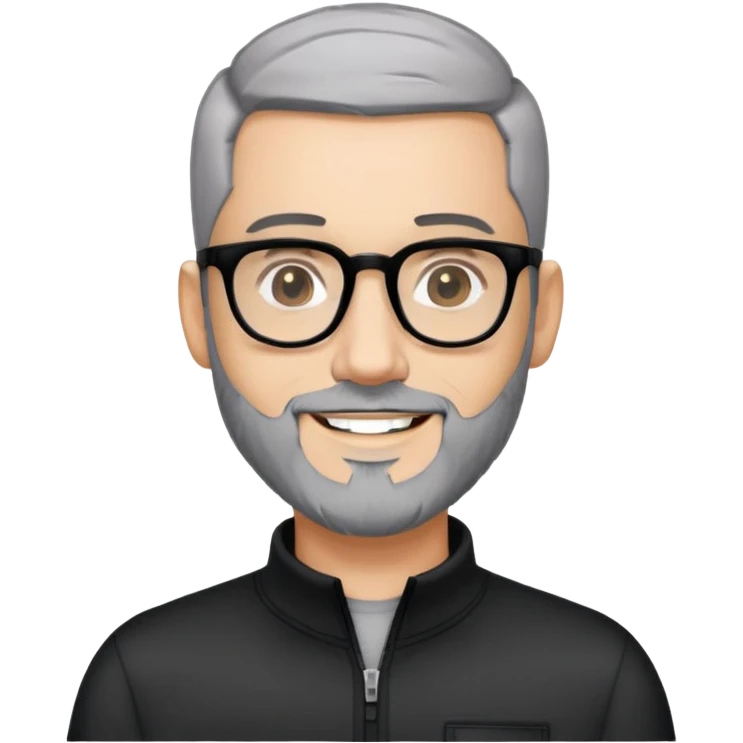 Man with light skin, black hair in near-buzz cut style (very minimal length), short peppered gray beard, large black-framed glasses, smiling face, black zip-neck long sleeve shirt emoji