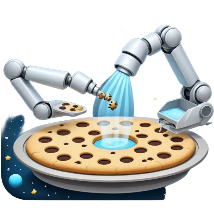 Half spaceship cookie factory floating in space, robotic arms baking in zero gravity, stars in background, futuristic emoji-style emoji