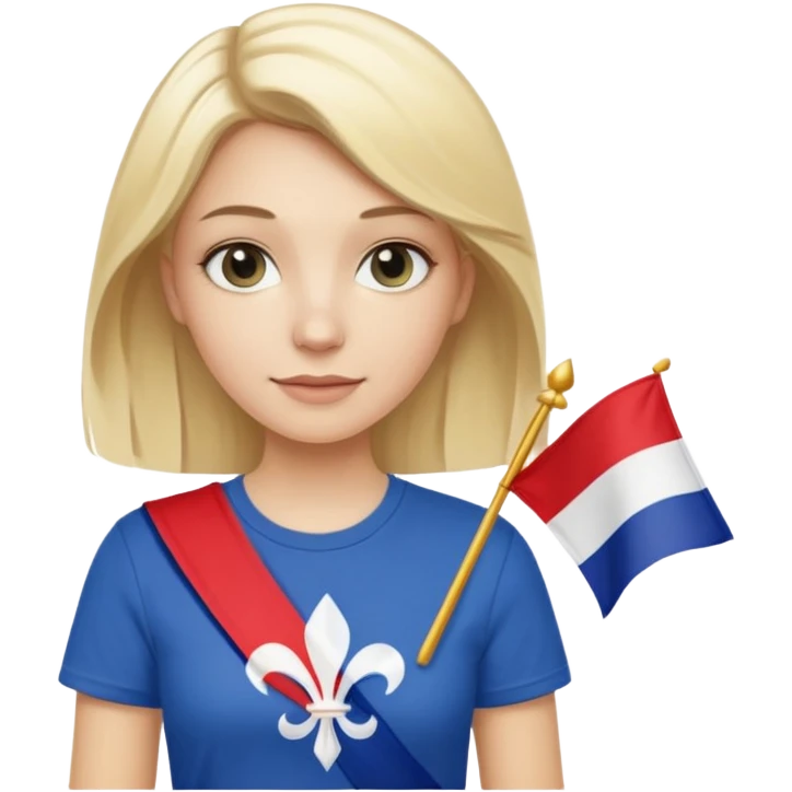 White woman with blonde hair holding a French flag in hand with a fleur-de-lily t-shirt emoji