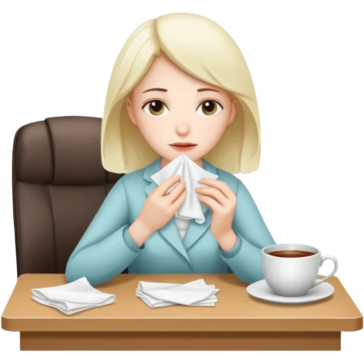 хвора дівчина сидить в офісі за столом, у неї в руках хустинка, на столі серветки, чай emoji
