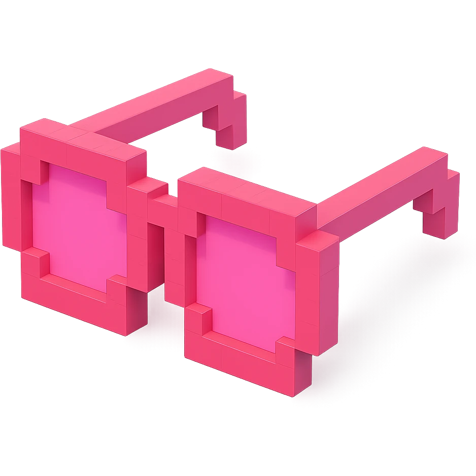 Voxel-style pink glasses with pink lenses, no background, following the silhouette from the reference image, with a different design. emoji