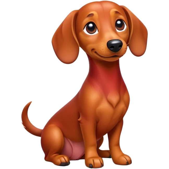 cinematic-[dachshund dog]-realistic-full-body-sitting-emoji,-tail-resting-loosely-beside-its-paws,-head-tilted-dramatically,-sleek-[red]-fur,-simplified-yet-realistic-focused-features,-highly-detailed,-glowing-with-an-almost-sarcastic-glow emoji