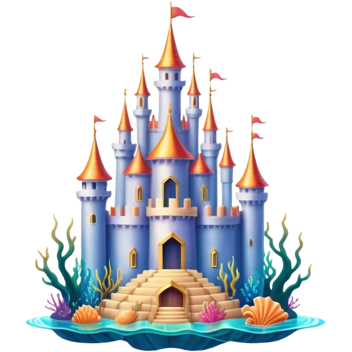 Ariel's underwater castle from The Little Mermaid, golden spires, colorful coral, seashell architecture, simple  emoji
