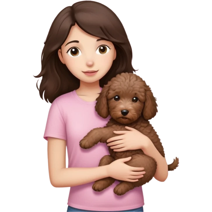 One girl with medium long dark brown hair dressing baby pink T-shirt, hugging One little brown coated labradoodle. emoji