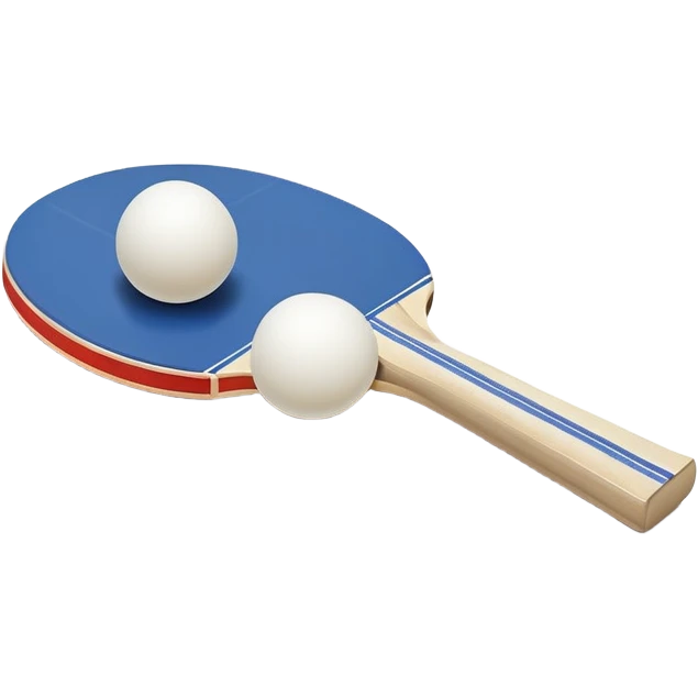 Two table tennis paddles crossed over a ping pong ball, placed on a smooth, reflective table. The background suggests a clean, minimalist playing surface, capturing the precision and fast-paced nature of the sport. emoji