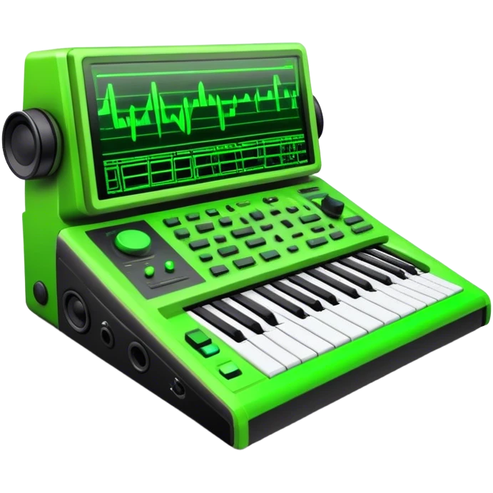 Create a creative and technical emoji that represents sound design. The design should feature a sound mixing console, audio waveforms, and sound effects icons (like a reverb or delay knob) to symbolize the manipulation and crafting of sound. Add elements like a synthesizer or audio interface to reflect the electronic aspect of sound creation. Use colors like neon green, blue, or purple to represent the innovative and experimental nature of sound design. The background should be transparent. emoji