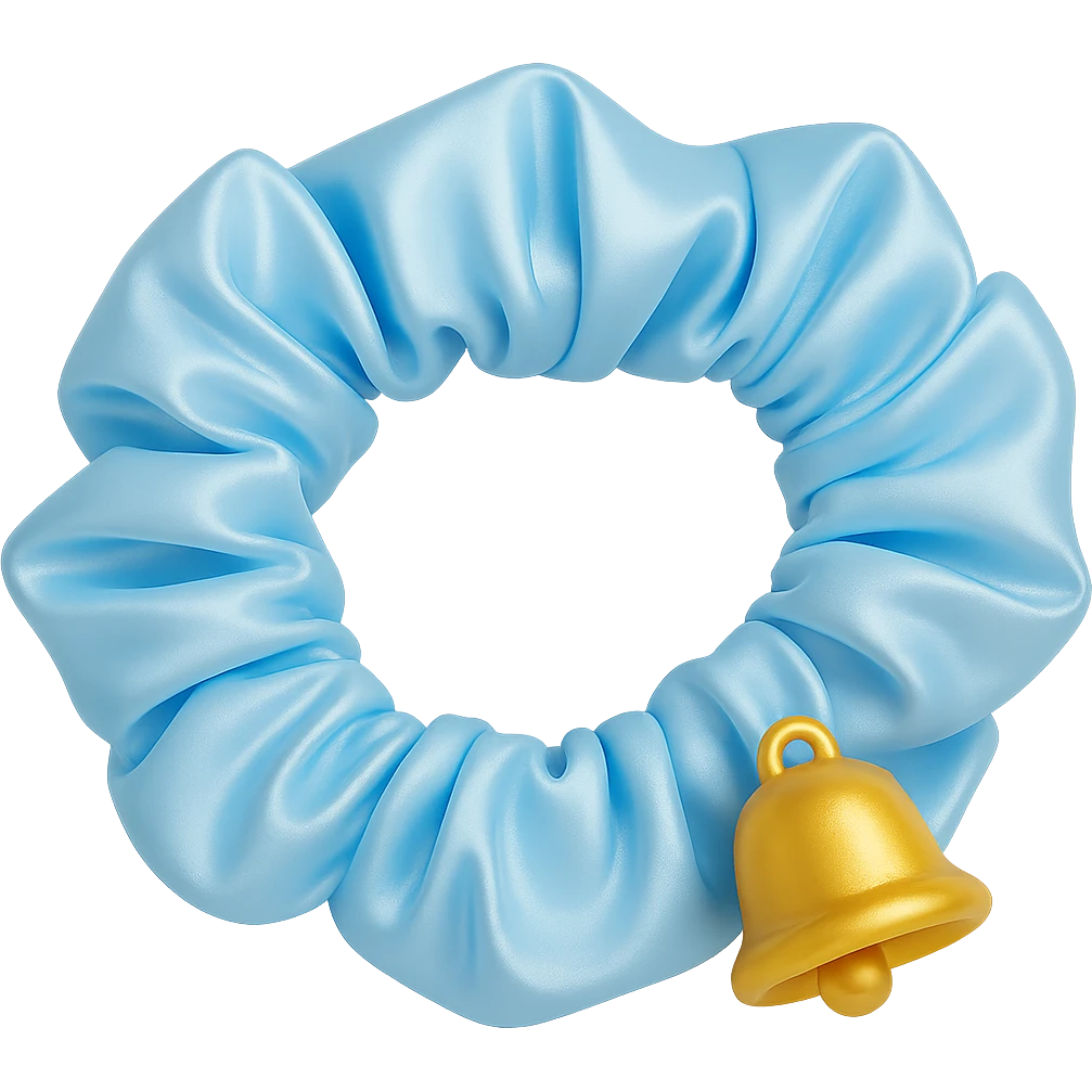 Change the gold star charm to a small Christmas bell charm on the pastel blue silky scrunchie, keep the 3D emoji style and shimmer effect. emoji