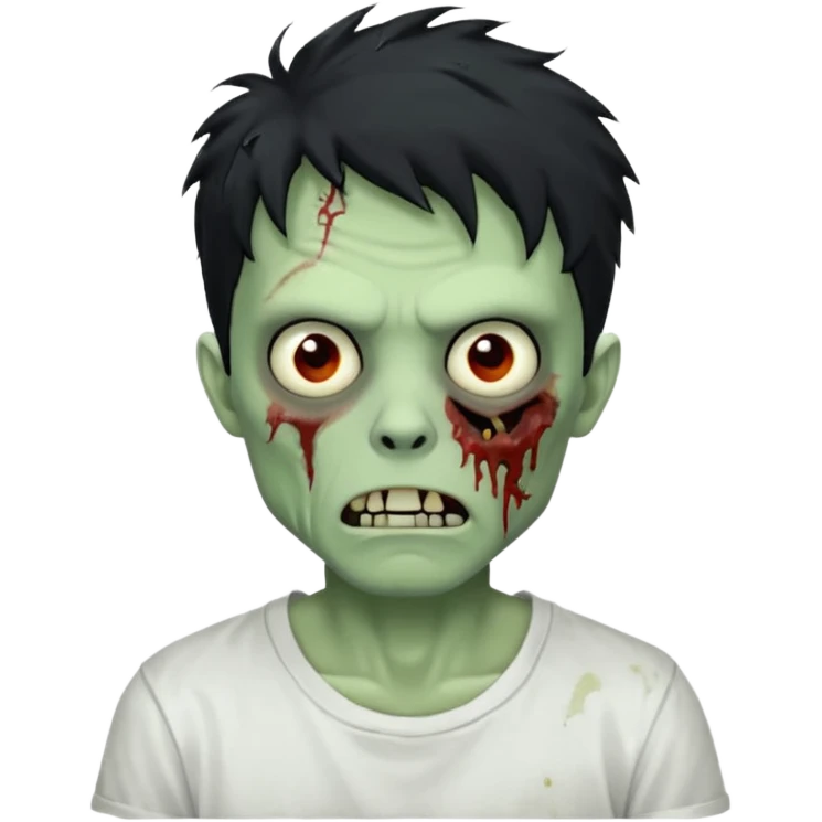 Rosto de frente classico de zombie boca meio torta cabelos medios pretos bagunçados low fade com pele verde clara camiseta branca emoji