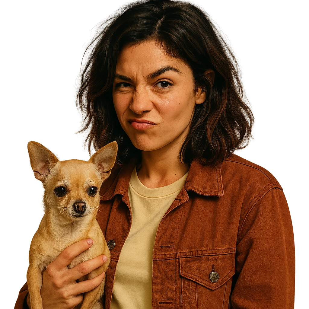 portrait of a woman with tanned skin, subtle freckles, wearing a pale yellow shirt (#FFF8CA) and rust-colored jacket, medium-length brown hair with auburn highlights, rebellious and playful expression, holding a beige-brown chihuahua, Netflix series style, transparent background emoji