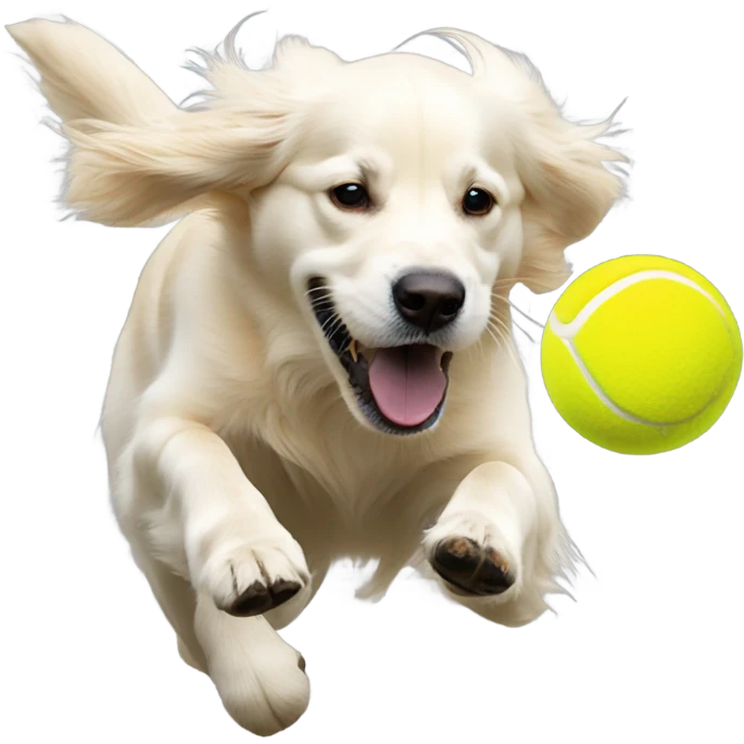 White golden retriever chasing tennis ball emoji