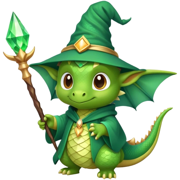 A cute dragon wearing a pointed wizard hat and robes, holding a magic wand emoji