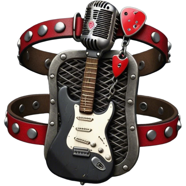 Create a powerful and dynamic humanless emoji representing rock vocals. The design should feature a classic vintage microphone with a rugged, distressed look, surrounded by elements like a guitar pick, electric guitar neck, and sound waves to reflect the raw energy of rock music. Add subtle details such as a spiked bracelet, leather textures, or bold lightning bolts to evoke the rebellious and intense spirit of rock. Use dark, edgy colors like black, red, silver, and metallic accents to emphasize the fierce, loud, and passionate nature of rock vocals. The background should be transparent. emoji