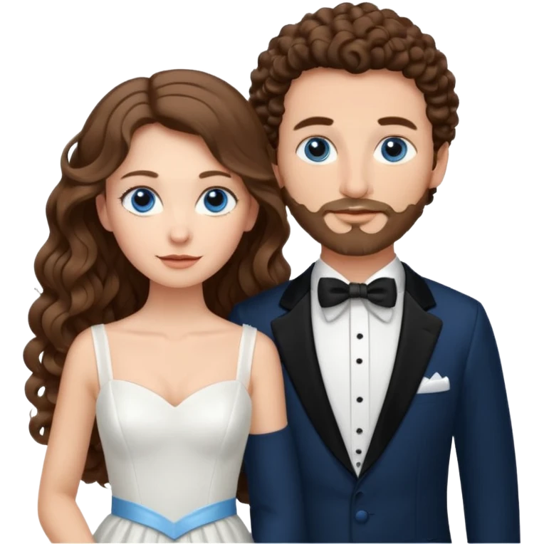wedding couple, woman has very long and lightly curled brown hair and blue eyes, man has short light brown curly hair and facial hair with blue eyes emoji
