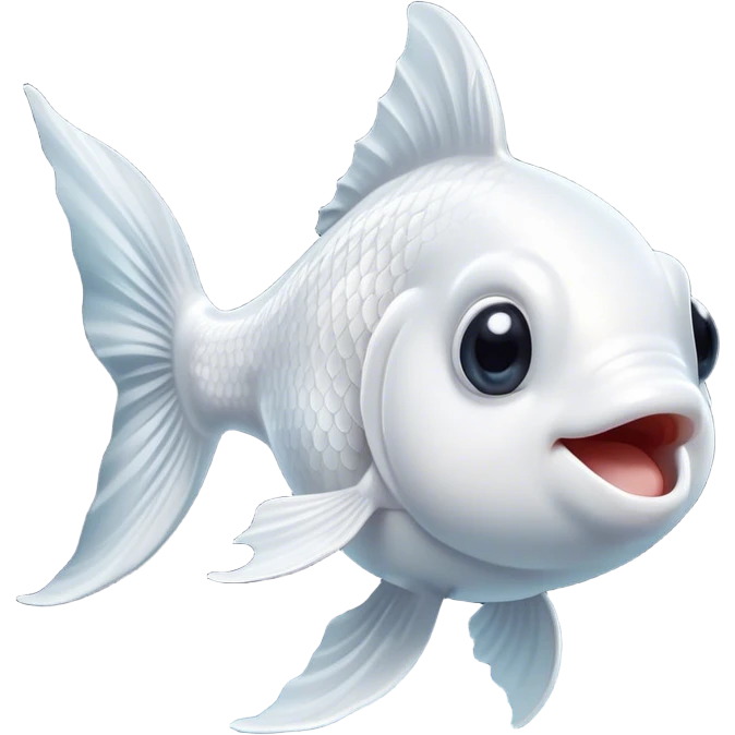 Cinematic Comical White Goldfish Portrait Emoji, Head tilted dramatically with an exaggeratedly amused expression, featuring a striking, glossy pure white body with elegantly fluttering fins, wide, expressive pale eyes filled with playful disbelief, Simplified yet hilariously expressive features, highly detailed, glowing with a slightly sassy glow, high shine, dramatic yet playful, stylized with an air of cheeky mischief, bright and endearing, soft glowing outline, capturing the essence of a spirited and over-the-top goldfish, so meme-worthy it feels like it could side-eye its way into internet fame instantly! emoji