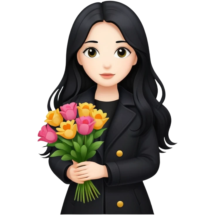 beautiful girl with long black hair wearing a black coat holding a bouquet of flowers emoji