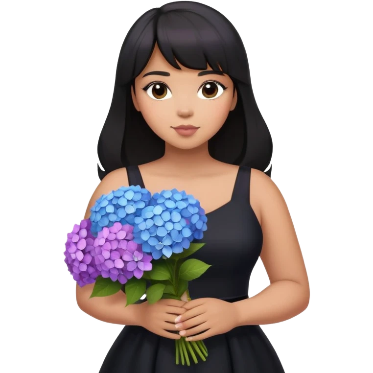Latina girl with bangs black long hair in pony tail plus size black dress holding a blue pink and purple bouquet of hydrangeas emoji
