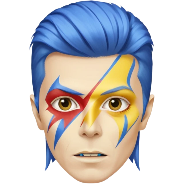 A male rockstar wearing Ebay brand colours and David Bowie face paint emoji
