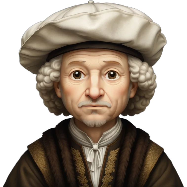 emoji of rembrandt,-shown-as-a-master-artist-with-deep,-introspective-eyes-and-richly-detailed-period-clothing,-rendered-with-dramatic-chiaroscuro-lighting-that-emphasizes-his-legacy white puffy hat emoji