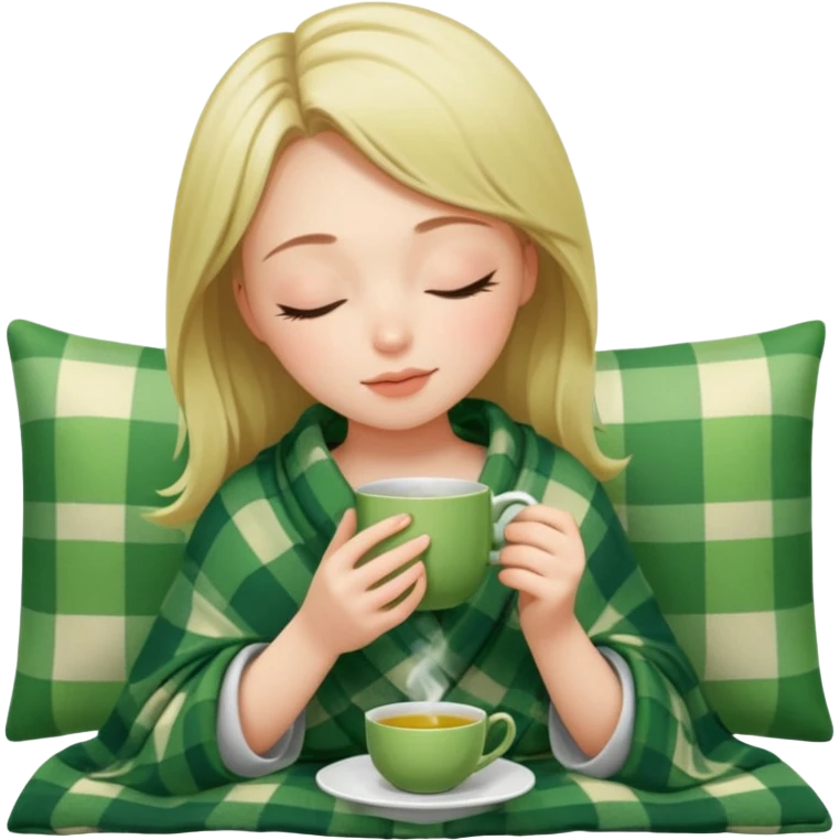 Девушка в клеточном под одеяле  сидит и пьёт с закрытыми глазами зеленый ароматный чай  emoji