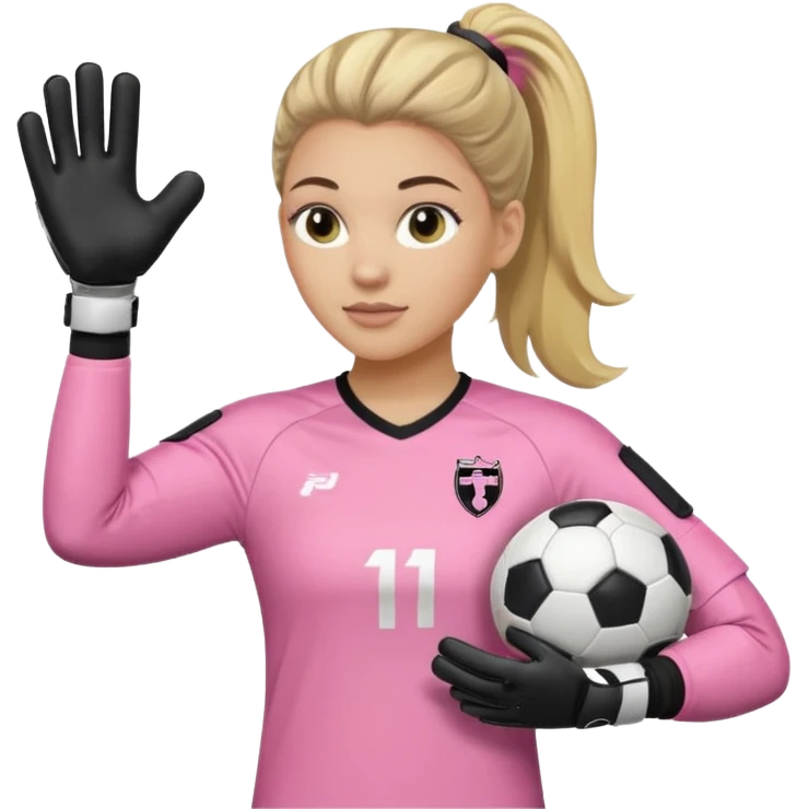 Make a dirty blonde football goalkeeper with goalkeeper gloves on. light skinned and wearing a light pink football kit. Wearing one ponytail on back of head. Make it without the whole body. With full sleeves. No RUGBY BALl.  BLACK AND WHITE BALL.  Holding the ball regularly emoji