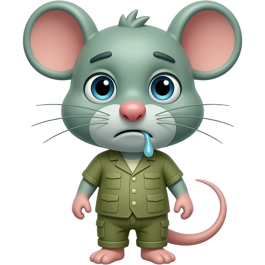 A little green mouse shaped like a little human dressed in khaki green, staring at us with a look of disgust, as if he’d just thrown up. emoji