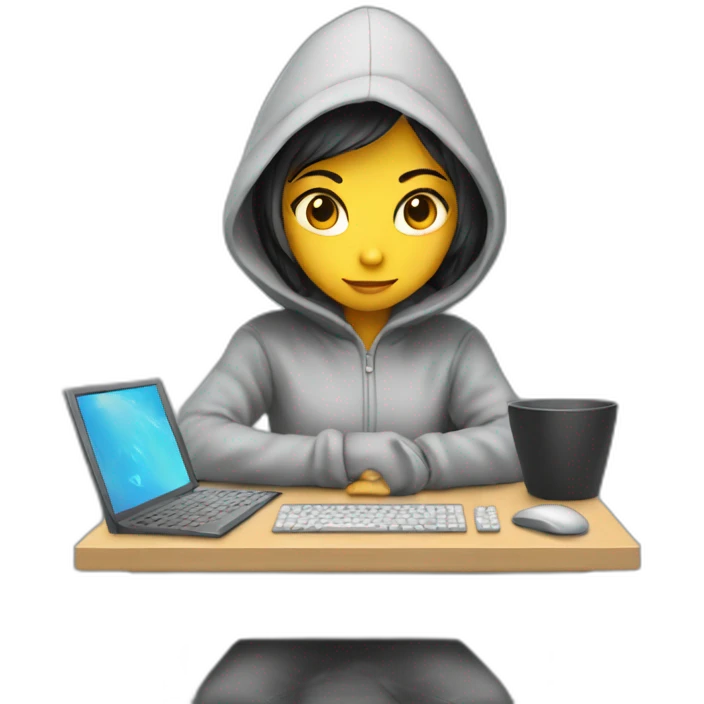 Young girl with a hood behind his computer and focus on his code  emoji