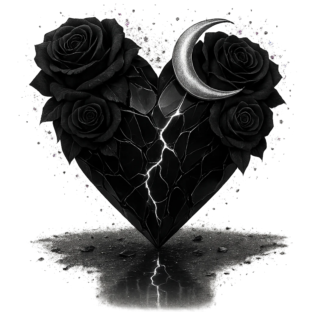 Edit the gothic heart to be formed from splintered deep black glass, silver crescent moon, black roses, sparkling holographic stardust, neon lightning, and a wet, reflective surface. Keep the background transparent. emoji