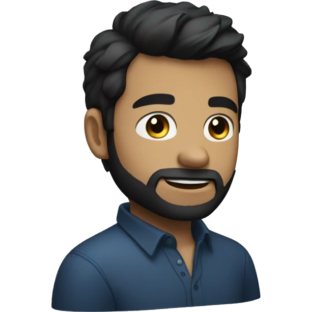 A young aged man with beard and straigth black hair, blue collar shirt and black shirt showing three emoji