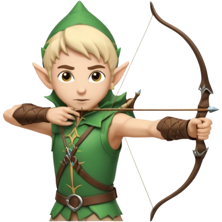 elf male archer aiming at target, summer leather gear, bow, pointy ears, determined look, sand dune backdrop, centered emoji emoji