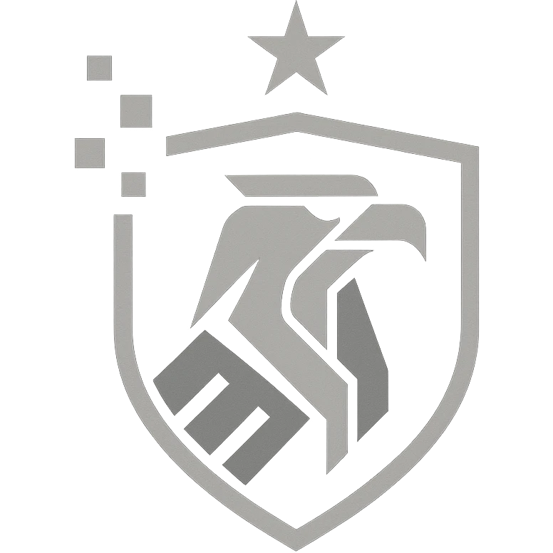 bold minimalistic logo for defense intelligence agency, stylized eagle in geometric form with shield digital pixel accents single star, dark blue gray metallic silver, clean lines futuristic easily recognizable emoji