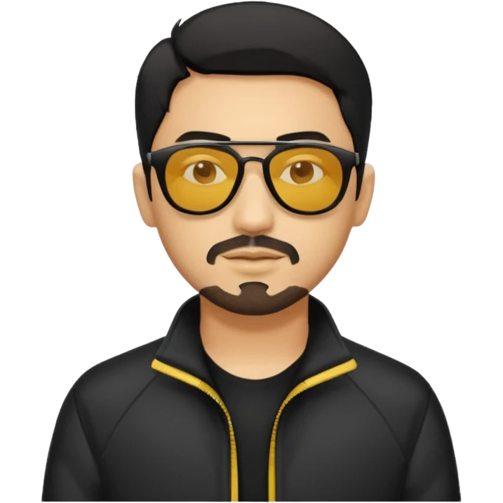 A man with middle part black hair sunglasses with yellowish glasses And black jacket. Goatee short black beard emoji