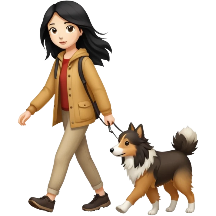 A girl with long black hair walking with a light brown collie emoji