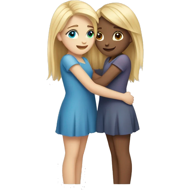 two girls one blonde with brown eyes and one with brown hair and blue eyes hugging eachother emoji