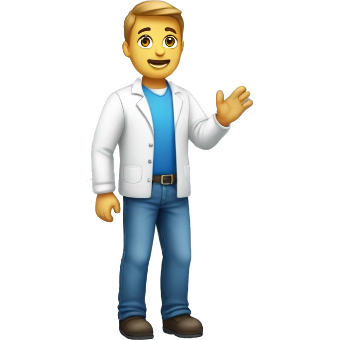 a male pharma employee, full body. waving with his right hand. Dressed with a round collar, white tshirt and blue jeans emoji