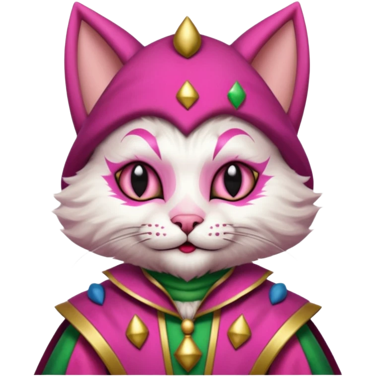 court jester cat medieval, single poker card joker, pink, face only emoji