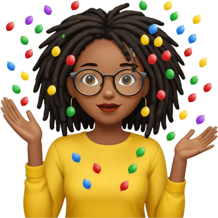 Black female with dark dreadlock hair wearing large round glasses and a yellow top celebrating with confetti emoji