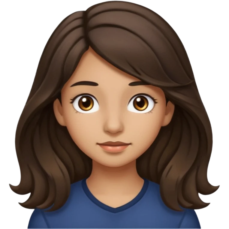 Create a emoji of a girl teen (14 years old) with dark brown hair and a little bit lighter brown in the end of the hair (but mixed) and waves in the hair, long hair, with MEDIUM FAIR TO OLIVE skin tone, dark brown eyes, perfect nose, long eyelashes emoji