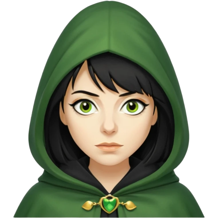 claudia winkleman as a traitor with a green hooded cloak with a gold clasp and dark strong black eyeliner emoji