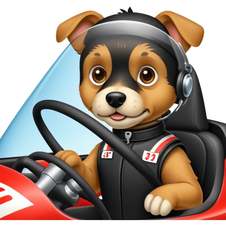 black and tan terrier driving a racecar emoji