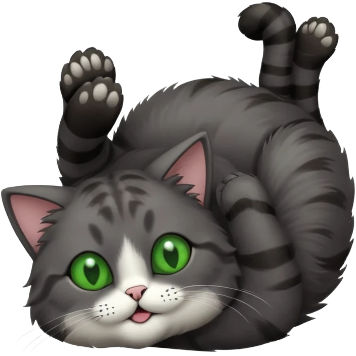 solid dark grey cat with green eyes, completely solid grey face, white toes/paws playing rolling upside down emoji