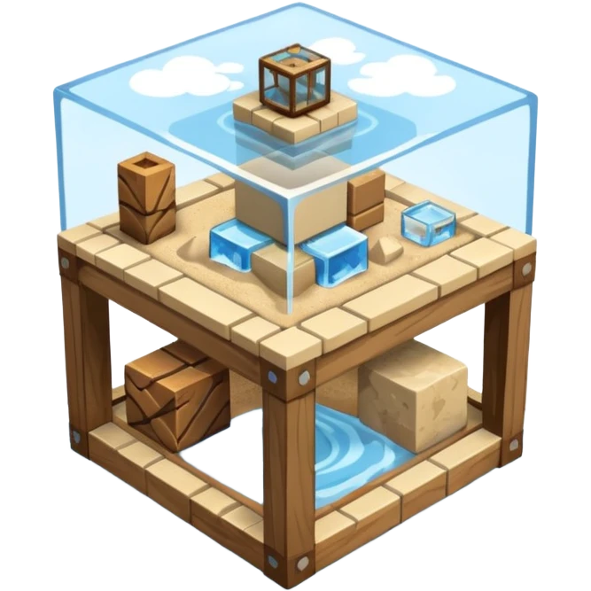 crafting table with tools, stone, wood, glass, sand, steam, water... like a minecraft style cube crafting table 100% like a minecraft table crafting emoji