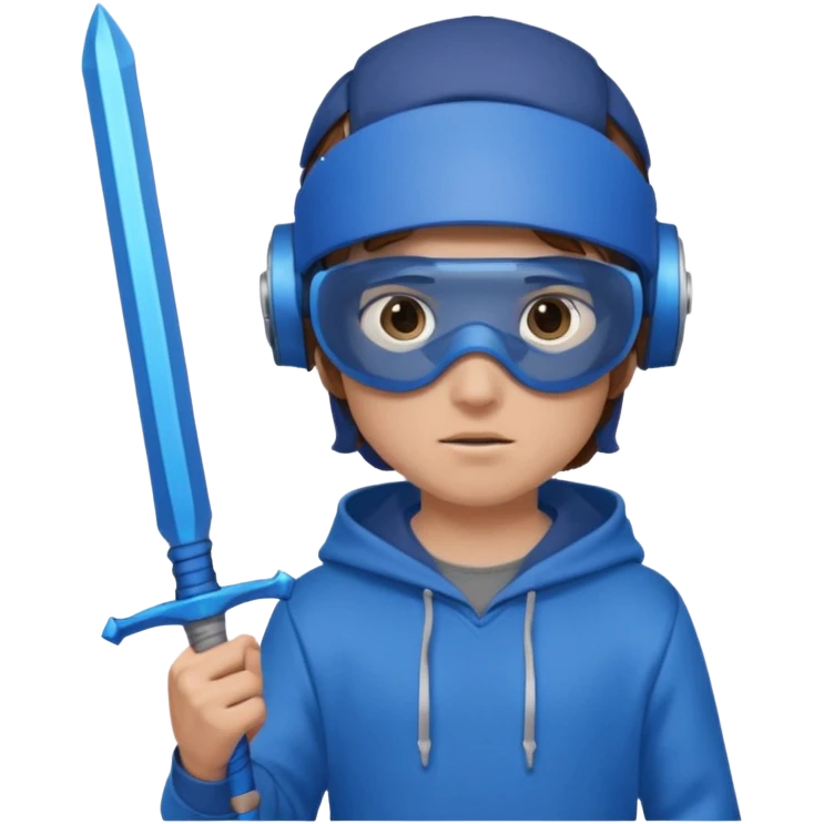 a boy with brown hair, a blue vr headset. a blue hoodie and a blue sword and remove the cap emoji
