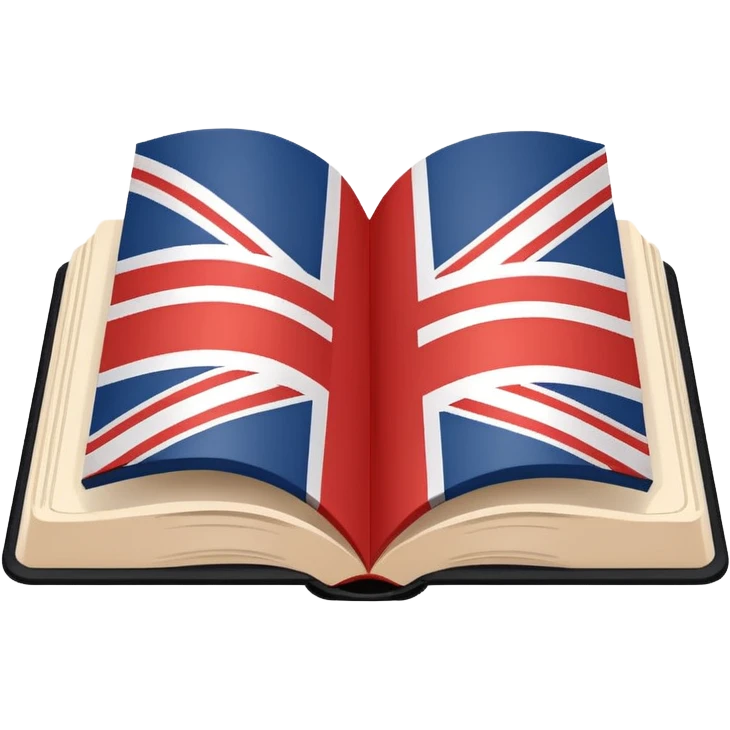Minimalistic flat vector icon, iOS style, thin black contour on white background. Open book with a small UK/USA flag symbol. No text, no shadows. emoji