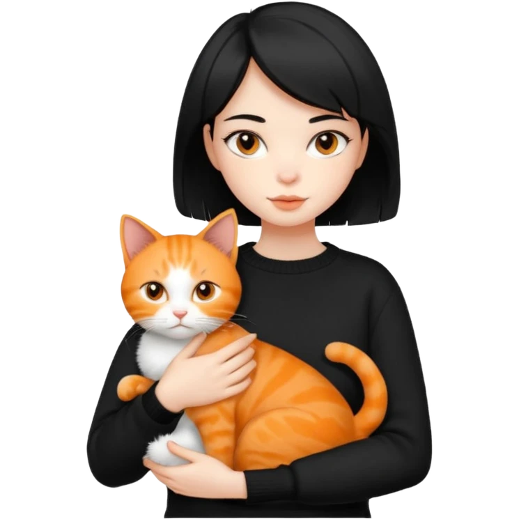 A beautiful girl with short black hair in a black sweater holds a orange cat in her arms emoji