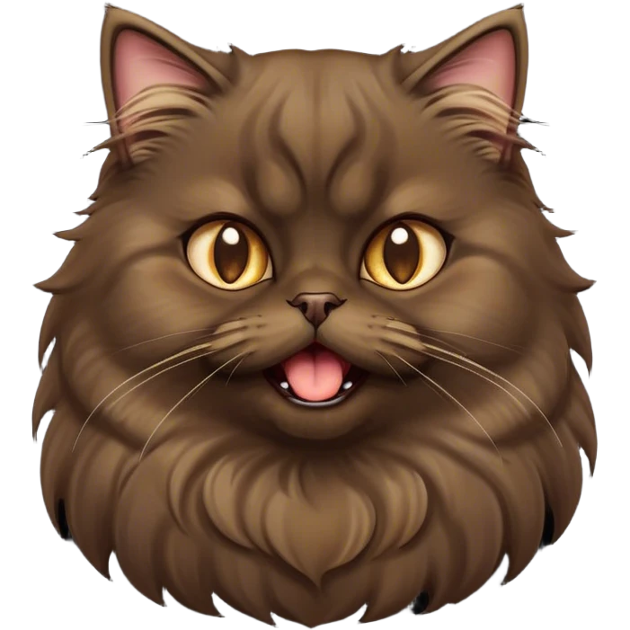 Cinematic Adorable Big-Eyed Fluffy Dark Brown Persian Cat Portrait Emoji, Head tilted playfully with a cute, exaggerated yawn, fluffy dark brown fur with rich caramel and gold undertones, Simplified yet irresistibly cute features with large, expressive eyes, highly detailed, glowing with a warm and gentle glow, high shine, a mix of affectionate and sleepy, stylized with a touch of whimsy, bright and full of charm, soft glowing outline, capturing the essence of a fluffy, loving kitty yawning in the most adorable way, so endearing it feels like it could leap out of the screen and stretch out for a cuddle! emoji