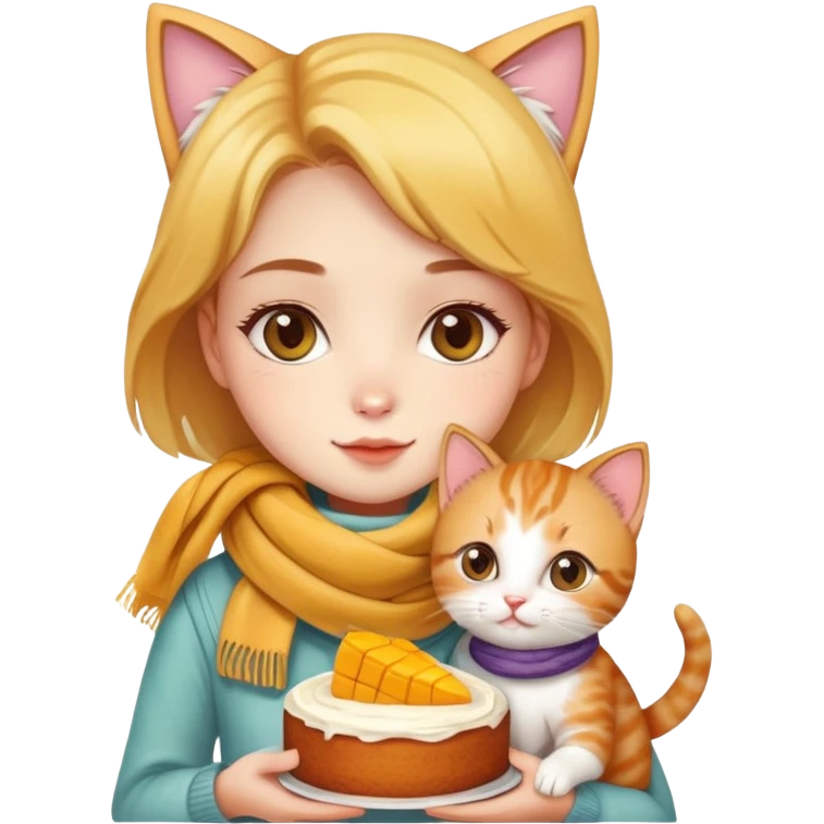A beautiful girl holding a mango cake and a cute kitten wearing a scarf emoji
