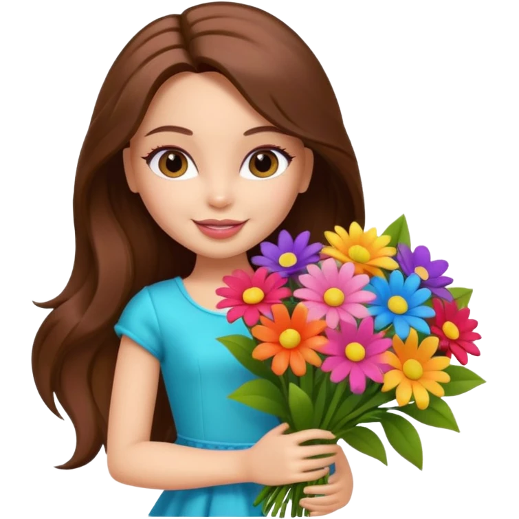  pretty bratz doll, long brown hair holding big bouquet of flowers posing emoji