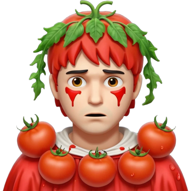 tragic stage performer portrait, head and shoulders only, tomatoes thrown at him, sad embarrassed face, messy costume, cinematic lighting, 3D cartoon, mobile game icon style, clean background, no text, no watermark
 emoji