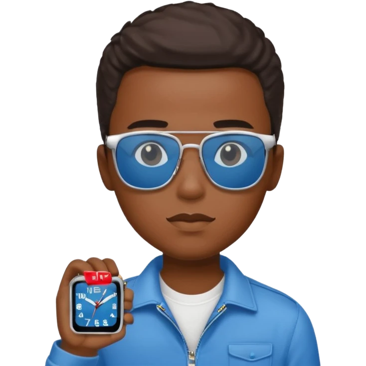 Un garçon noir avec des lunettes de soleil un peu bleu avec un cadran plutôt carré et SANS QU’ON VOIT SES YEUX. Et au dessus de sa tête il y a écrit BOUSS emoji